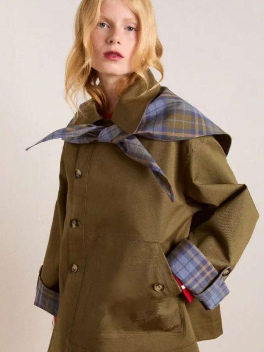 Chaqueta reversible con cuello solapa bordado manga larga para mujer - Marrón - Ver 1