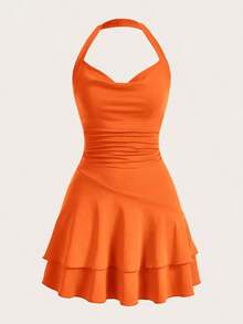 Vestido con fruncido delantero bajo con fruncido de cuello halter de espalda abierta de cuello halter de espalda abierta con cordón fruncido bajo con fruncido - Naranja - Ver 5