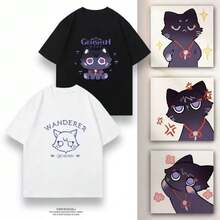 Mercancía del juego : Camiseta de manga corta con diseño del gato Wanderer Scaramouche para hombres y mujeres, ropa de anime de verano para estudiantes. - Blanco - Ver 2