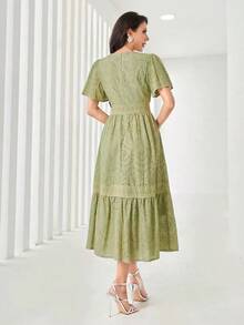 Vestido midi de mujer con cuello redondo, mangas con volantes, bordado y dobladillo con volantes - Verde - Ver 2