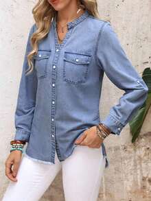 Camisa vaquera casual de mujer con cuello en V, abotonadura sencilla, dobladillo y puños - Azul - Ver 5