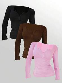 Camiseta casual de manga larga con cremallera hasta la mitad y ajustada para mujer - Multicolor 2 - Ver 6