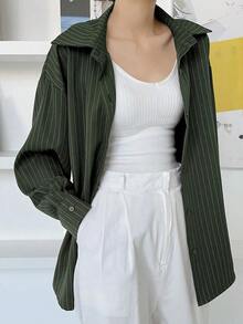 Camisa casual/escolar holgada a rayas para mujer, top de manga larga de estilo preppy para mujer, ropa de otoño - Verde militar - Ver 2