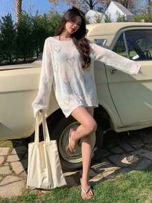Cubrecuerpo de punto calado con hombros caídos para mujer, transparente y veraniego - Blanco - Ver 5