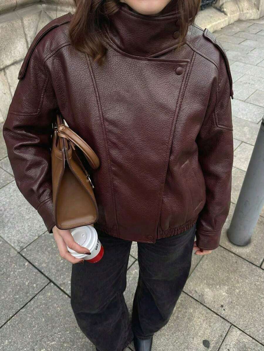Chaqueta de cuero sintético Abrigo de invierno para mujer con cremallera Atuendos de otoño para mujer Tops de manga larga Prendas exteriores Chaqueta bomber de mujer Abrigo con cremallera Ropa de calle de otoño Chaqueta de carreras Parte superior - Color caoba - Ver 1