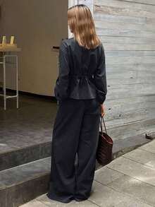 Conjunto de 2 piezas de top holgado de cuello alto y pantalones casuales para mujer, otoño/invierno - Azul marino - Ver 2