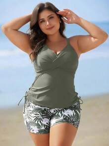 Swim Lushoire Set de 2 piezas de tankini con estampado floral para mujeres de talla grande - Verde militar - Ver 5