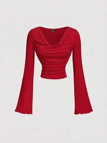 Conjunto de camiseta de manga larga ajustada con cuello de volantes, mangas acampanadas y plisadas en 3 colores - Rojo - Ver 1