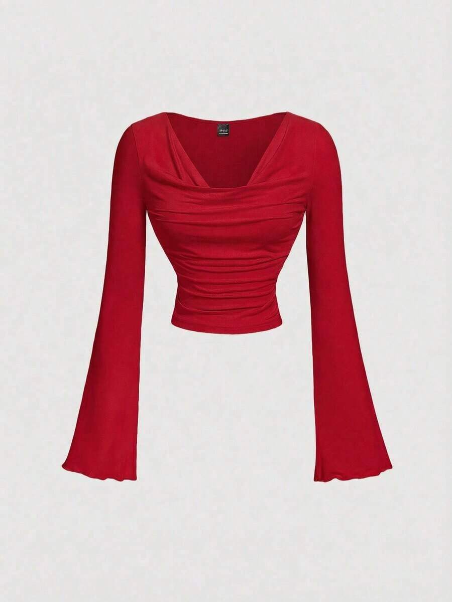 Conjunto de camiseta de manga larga ajustada con cuello de volantes, mangas acampanadas y plisadas en 3 colores - Rojo - Ver 1