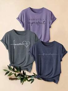 3 piezas Paquete mixto Camiseta con estampado de letras estilo retro cómoda, Parte superior deportiva de manga corta y cuello redondo informal para mujer, Ropa de verano - Multicolor - Ver 1