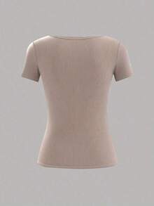 Camiseta casual de mujer de unicolor de manga corta y acanalada - Albaricoque - Ver 2