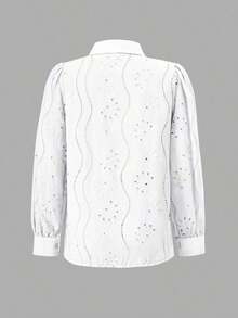 Blusa blanca de mujer, blusa blanca de manga larga con empuñadura de unicolor bordada, adecuada para uso diario, viajes, Día de la Madre, cumpleaños y fiestas en la playa - Blanco - Ver 4