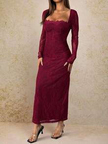PETITE Vestido maxi negro ajustado de cuello cuadrado con copa de pecho, mangas largas de encaje con forma de S y escote sexy para fiesta de verano, cita y noche - Rojo violeta - Ver 3