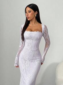 PETITE Vestido maxi negro ajustado de cuello cuadrado con copa de pecho, mangas largas de encaje con forma de S y escote sexy para fiesta de verano, cita y noche - Púrpura malva - Ver 8
