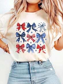 Nuevo lanzamiento otoño-invierno 2025: Camiseta de manga corta para mujer con cuello redondo, cut relajada y versátil.Presenta un estampado exclusivo con motivos de mariposas y corbata en el pecho.Tejido ultra suave con gran caída, como base de look casual o elegante blusas para mujer playeras de mujer blusas casuales para dama - Blanco - Ver 1