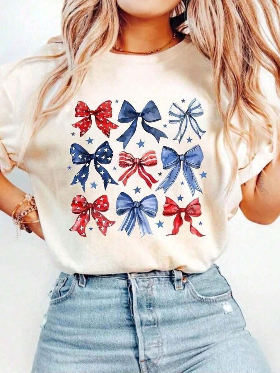 Nuevo lanzamiento otoño-invierno 2025: Camiseta de manga corta para mujer con cuello redondo, cut relajada y versátil.Presenta un estampado exclusivo con motivos de mariposas y corbata en el pecho.Tejido ultra suave con gran caída, como base de look casual o elegante blusas para mujer playeras de mujer blusas casuales para dama - Blanco - Ver 1