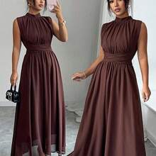 Elenzya Women's Spring/Summer French Romantic Sicily Elegant Casual Commute Vacation Afternoon Tea Party Solid Color Chiffon Stand Collar Loose Criss-Cross Tie Waist A-Line Bow Tie Sleeveless Lined Maxi Dress - Agua verde azul - Ver 2