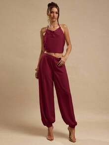 Women's Satin Palazzo Pants, Elegant Loose-Fitting Ginger Yellow Trousers, Suitable For Going Out, Brunch, Summer, Weddings, Honeymoon, Beach Vacation - 波爾多 - 查看 6
