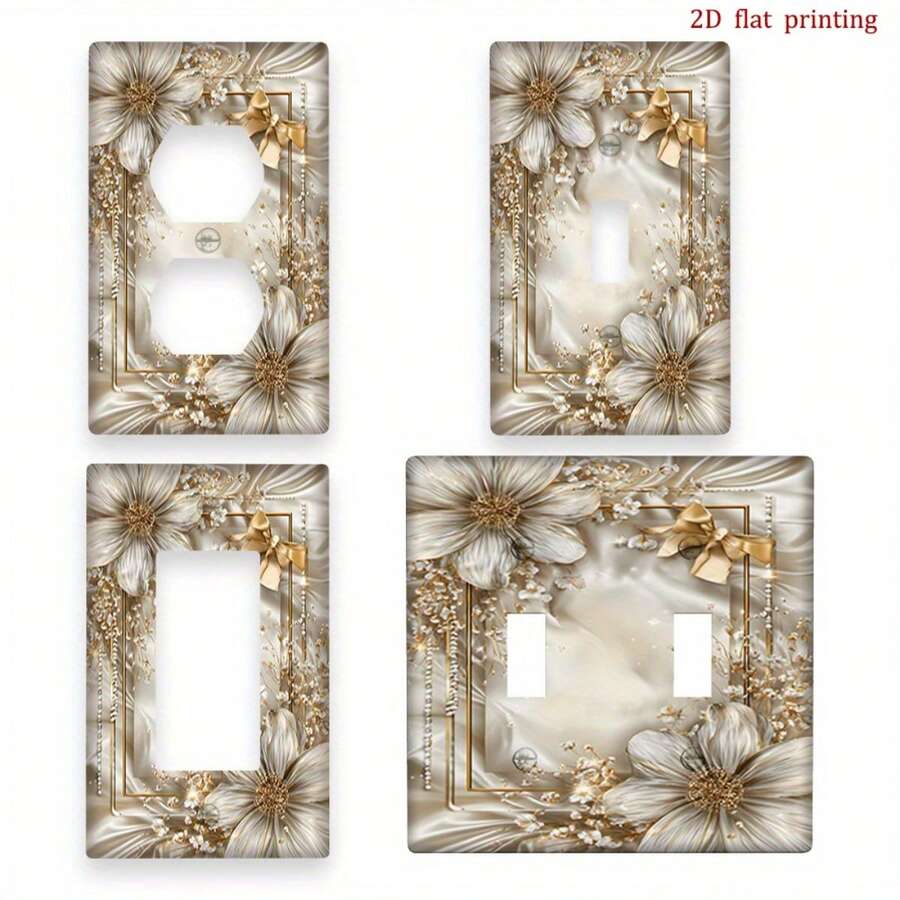 1pc Gold Flower & Bow Print Switch Panel Cover, 2D Printing On PC Material, Suitable For Bedroom/Kitchen Decoration - Multicolor - View 1