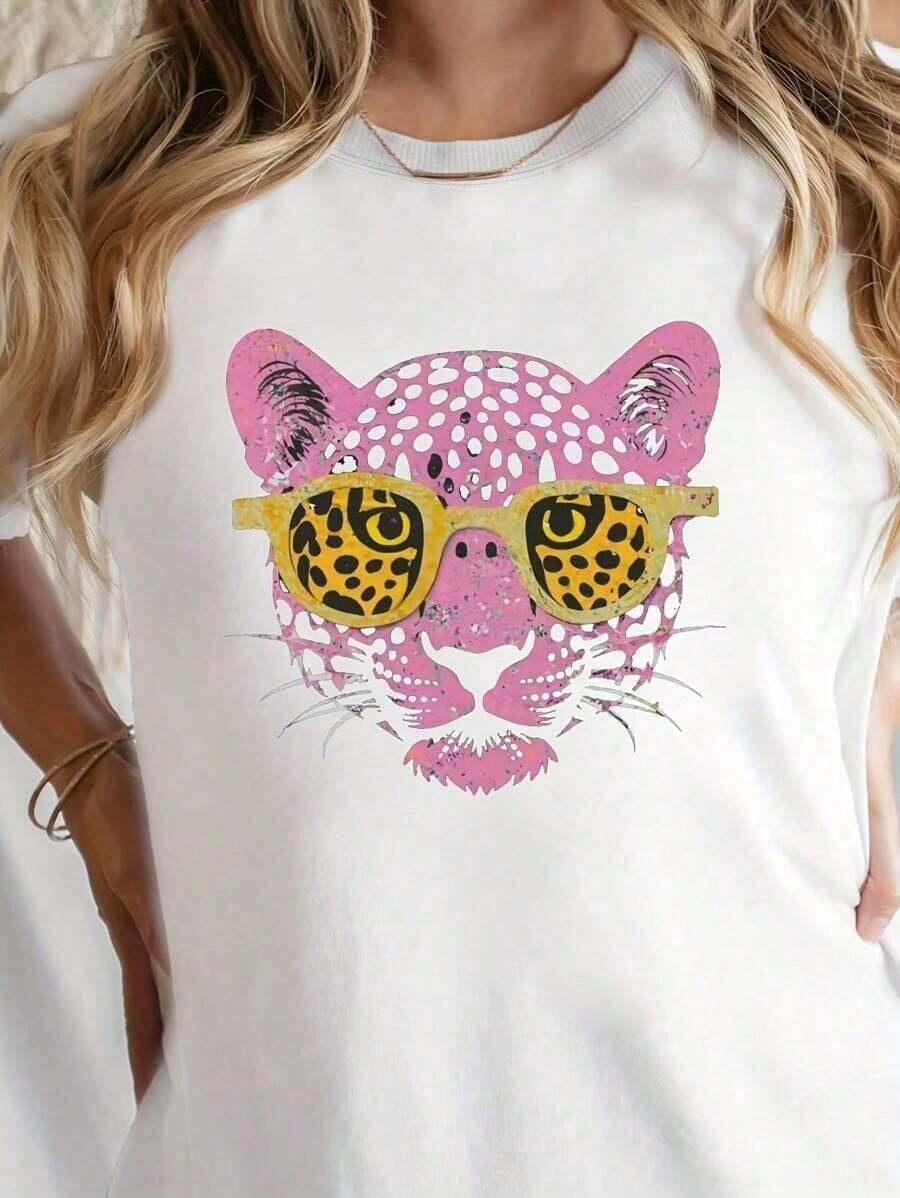 Camiseta de cuello redondo con estampado de leopardo rosa, camiseta casual de manga corta para primavera y verano, ropa de mujer - Blanco - Ver 1