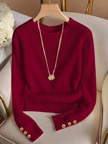 Elegante camiseta de punto de cuello redondo, top de punto minimalista de moda, otoño/invierno - Rojo - Ver 6