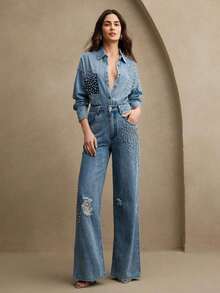 X GALILEA  Camisa vaquera azul de mujer con pedrería brillante, ideal para fiestas, Día de San Valentín o Día de la Madre - Azul 2 - Ver 4
