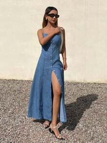 Vestido vaquero casual largo sin mangas con cintura ceñida para mujer - Azul lavado medio - Ver 4