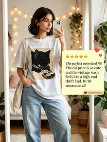 Women's Clothing, Fun Japanese Style With Black Cat Eating Sushi Print, Korean Version, Comfortable And Versatile Retro Fashion For Daily Travel, Y2k Women's Clothing. Short-Sleeved, Round-Neck, Fitted, Black, Niche Punk Style, From The Washed Retro Series, Comfortable, Made Of Pure Cotton, Which Allows You To Easily Create Retro Casual Clothes, Suitable For Daily Commute, Casual Outings, Daily Use, Classic Retro Clothing For Women. - 白色 - 查看 2