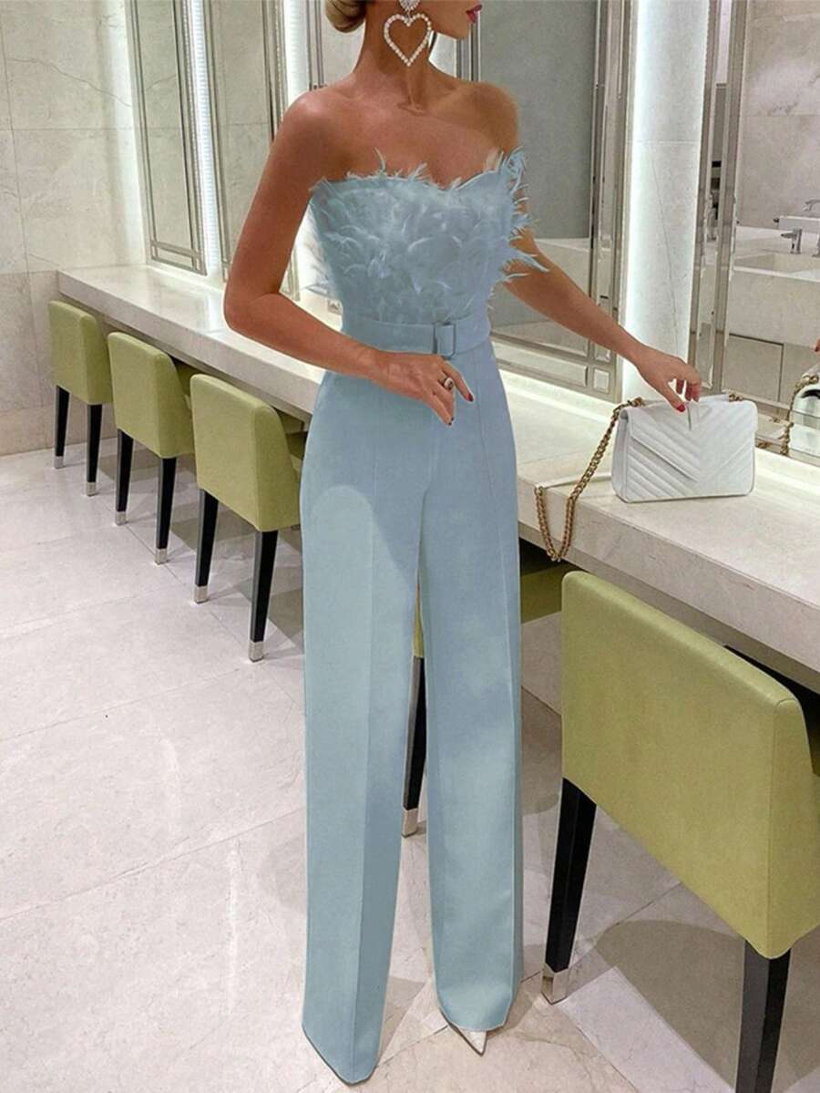 Elegant And Sensual Jumpsuit With Feather Strap - Blue - View 1