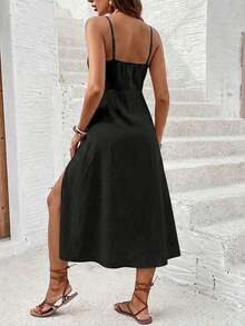 Vestido de tirantes con abertura y nudo de mujer, versátil y con textura de moda - Negro - Ver 2