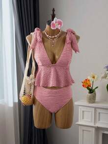 Conjunto de top halter y Bottom de bikini de tela texturizada especial para mujer, traje de baño de punto para vacaciones y playa, conjunto de traje de baño amarillo, conjunto de traje de baño amarillo tipo tankini con volantes, traje de baño ama - Rosa - Ver 3