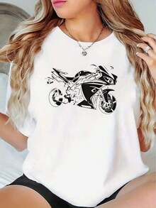 100% Cotton 1 Piece Of Women's Short-Sleeved Summer T-Shirt With Motorcycle Design - A Fashionable And Comfortable Garment For Cycling Lovers. - 白色 - 查看 2