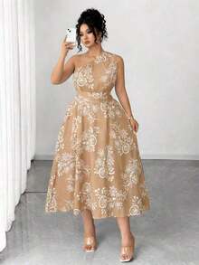 Vestido elegante de mujer de talla grande con estampado floral azul y blanco, elegante y chic para fiestas, graduaciones, vacaciones, festivales, citas, bodas y salidas - Albaricoque 3 - Ver 3