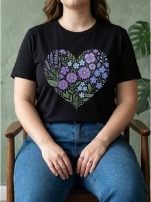Talla grande, 1 pieza de ropa de verano para mujer de talla grande, camiseta con estampado gráfico floral en forma de corazón morado y azul para días de jardín en primavera, ajuste holgado, cuello redondo, manga corta, top casual, regalos de festividades, camiseta pura de uso diario, camiseta de - Negro - Ver 2
