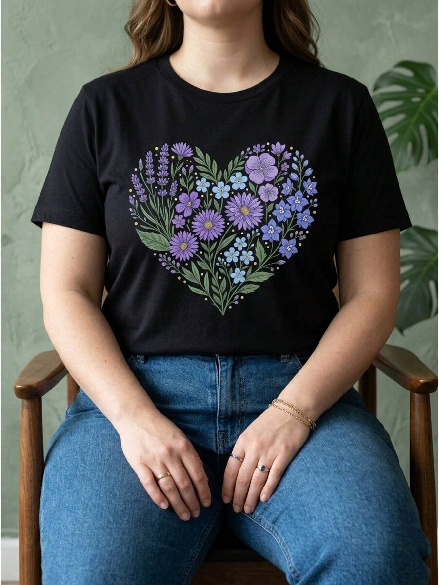 Talla grande, 1 pieza de ropa de verano para mujer de talla grande, camiseta con estampado gráfico floral en forma de corazón morado y azul para días de jardín en primavera, ajuste holgado, cuello redondo, manga corta, top casual, regalos de festividades, camiseta pura de uso diario, camiseta de