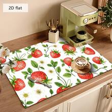 1pc Dish Drying Mat, Coffee Machine Pad, Strawberry & Leaf Floral Pattern, Vibrant Red & Green Color, Suitable For Dining Table & Cafe, Absorbent & Anti-Moisture, Multi-Purpose Drainage Mat, Home Gift, Desktop Decor - XYLSD-368 - View 4