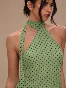 Vestido de tirantes mini con espalda descubierta y estampado de lunares elegante para mujer - Verde Oliva 2 - Ver 5