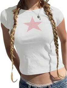 Playera corta ombliguera para mujer con estampado de estrellas, estilo Y2K grunge juvenil, manga corta corte corto sexy, blusa ligera perfecta para chicas adolescentes, look casual de verano muy a la moda OCJM - Blanco - Ver 8