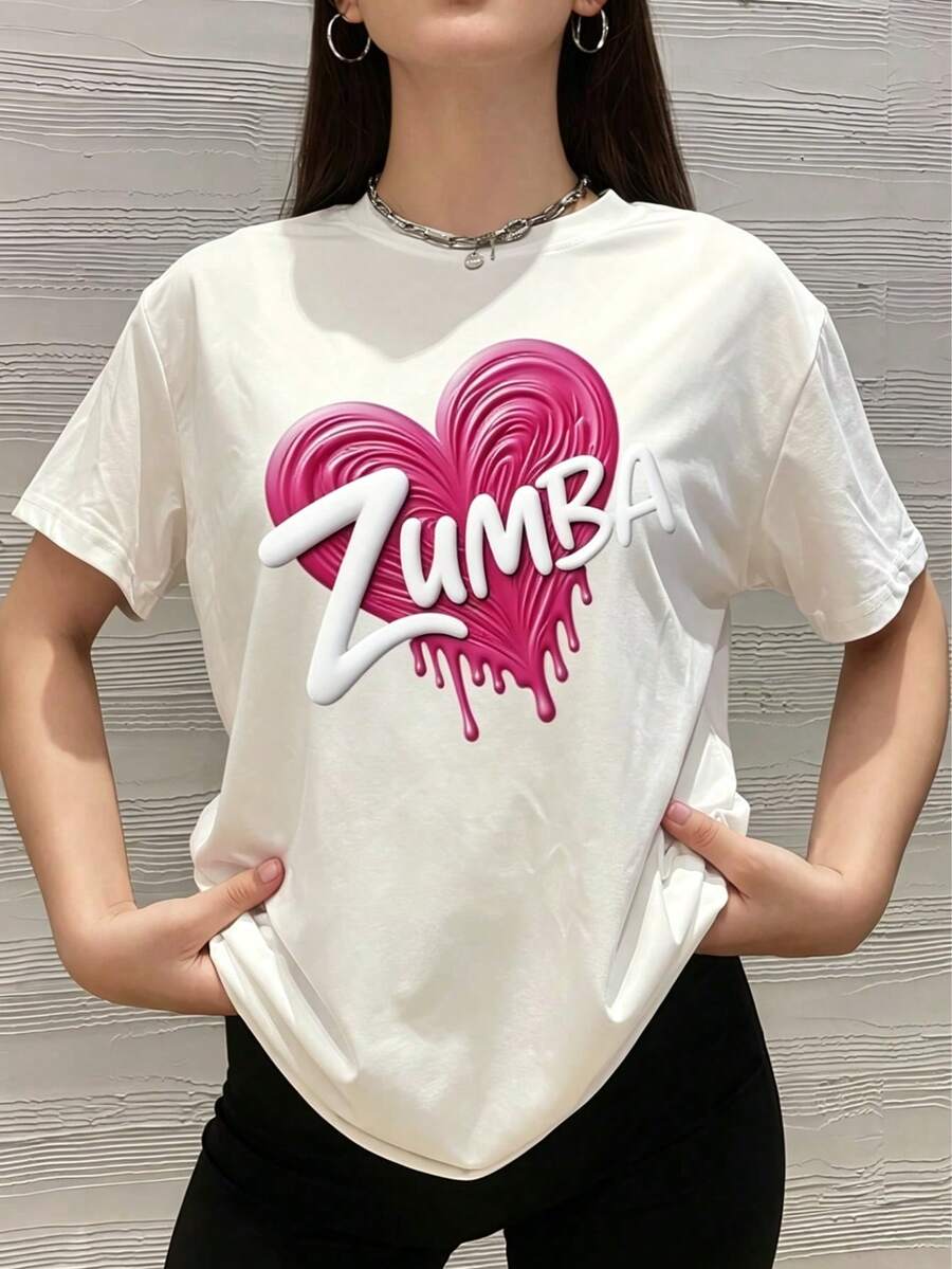 Corazón rosa con textura fluida que simboliza energía positiva y pasión por el baile Zumba fusión de movimiento y alegría en cada latido camiseta de mujer 100% algodón suave y cómoda para uso diario - Blanco - Ver 1