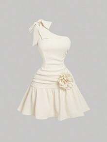 MOD Vestido vintage de hombros descubiertos de color albaricoque apagado| Elegancia bohemia con volantes, lazo y flores 3D| Onda retro de los años 70 para citas, picnics y aventuras del oeste - Albaricoque - Ver 1
