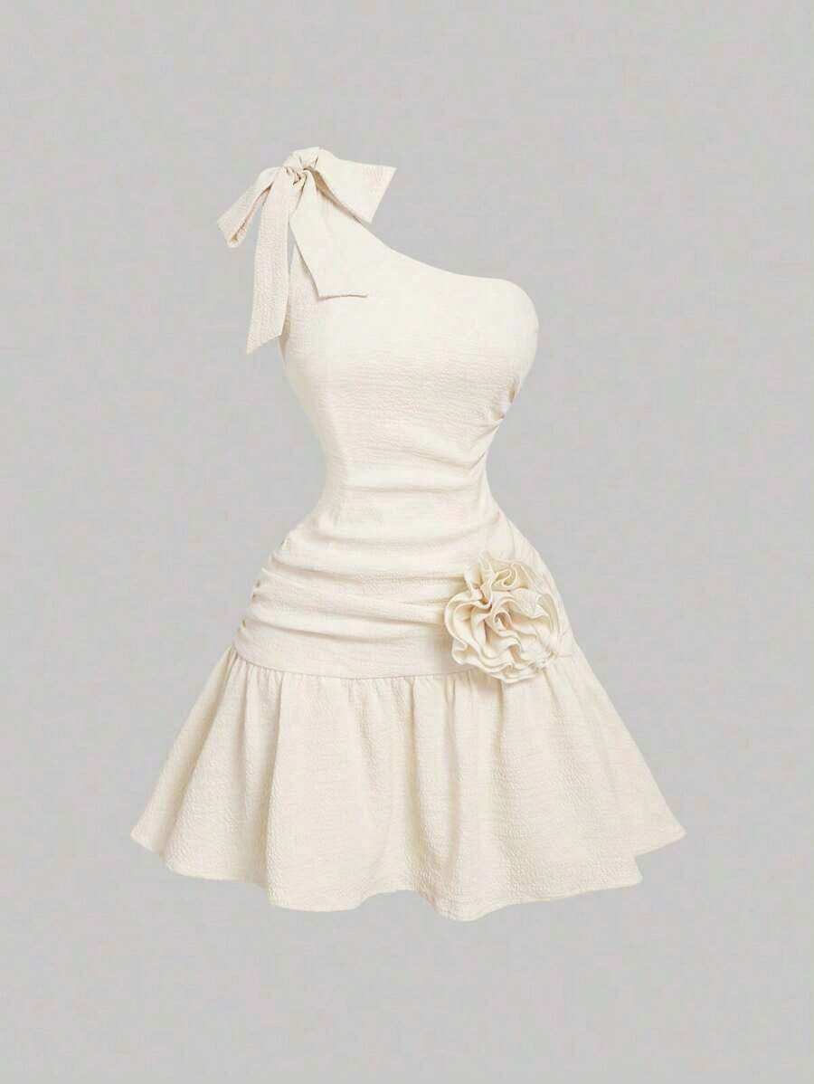 MOD Vestido vintage de hombros descubiertos de color albaricoque apagado| Elegancia bohemia con volantes, lazo y flores 3D| Onda retro de los años 70 para citas, picnics y aventuras del oeste - Albaricoque - Ver 1