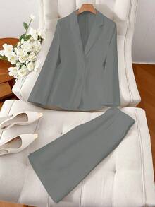 Conjunto casual de 2 piezas de chaqueta de manga larga con cuello moteado de un solo botonadura y pantalones cortos de unicolor para mujer, primavera - Gris - Ver 2