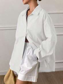 Blusa suelta de manga larga con cuello vuelto, abertura en la espalda y lazo, unicolor, ropa de otoño para mujer - Blanco - Ver 6