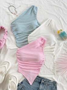 4 piezas Conjunto de blusas sin mangas de unicolor y hombros asimétricos versátiles para mujer, adecuadas para vacaciones - Multicolor 5 - Ver 4