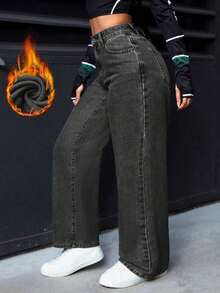 PETITE Jeans rectos de pierna suelta y lavados para mujer - Gris Oscuro 2 - Ver 5