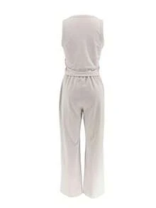 Conjunto de 2 piezas de pantalones rectos ajustados de estilo casual, conjunto de top ajustado, conjunto de 2 piezas de verano ligero para mujer, traje deportivo para mujer, conjunto de 2 piezas casual para exteriores, traje de pantalones para mujer - Albaricoque - Ver 5