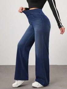 Jeans rectos de cintura alta lavados de estilo casual para mujer - Azul - Ver 6