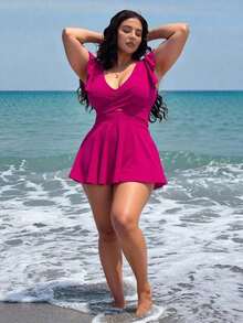 Swim Lushoire Conjunto de tankini de 2 piezas de talla grande para mujer, de unicolor elegante con lazo en la cintura y plisado, favorecedora y casual para vacaciones de verano - Rosa Fucsia - View 4