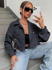 Chaqueta corta de pana con detalle de solapa en el hombro para otoño/invierno - Gris - Ver 1