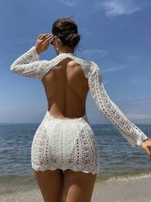 Vestido de playa de encaje con estampado floral para mujer, perfecto para el verano - Blanco - Ver 1